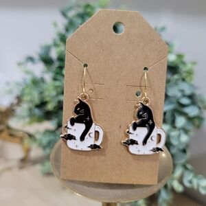 New 18k Gold Plated Celestial Black and White Cat Coffee Mug Enamel Earrings
